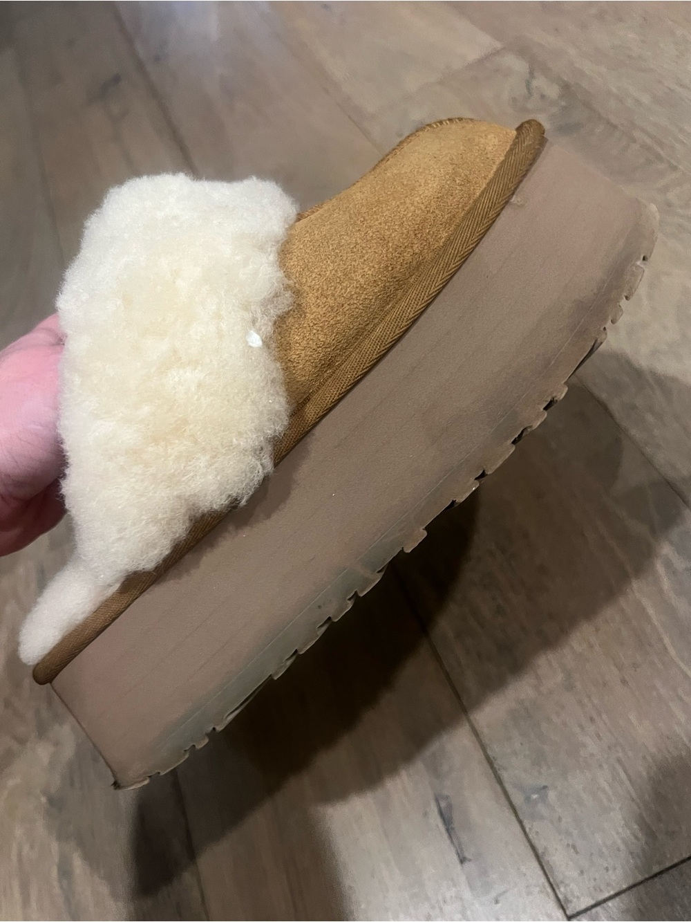 UGG Platform Chestnut Suede Slide with Cream Shearling